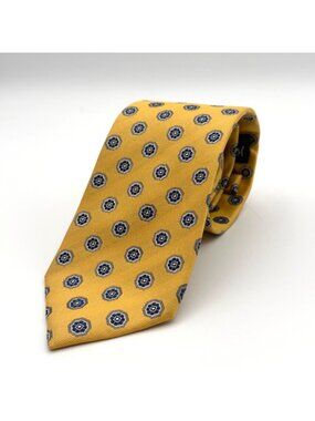 Yves Saint Laurent YSL Pour Homme Gold/Silver/Blue Print 100% Silk Tie 60" x 3"
